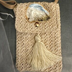 Cream Tassel Phone Bag with Shell Accent